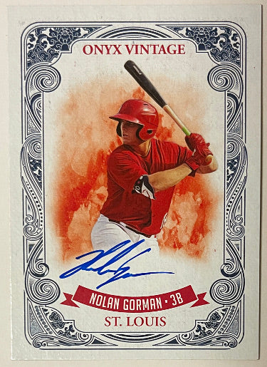 Nolan Gorman Autographed 2021 Onyx Vintage Blue On Card Rookie Auto #VANG- /325 (St. Louis Cardinals)-Powers Sports Memorabilia