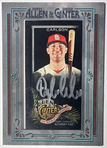 Dylan Carlson Autographed 2022 Topps Allen & Ginter X Dylan Silver Framed Mini Auto Cardinals Card SP 37/50-Powers Sports Memorabilia