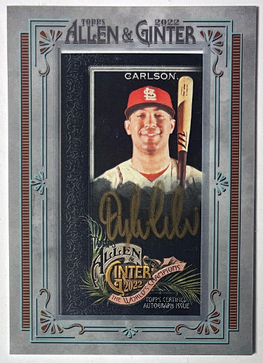 Dylan Carlson Autographed 2022 Topps Allen & Ginter Mini Framed Auto Card MA-DC- /5 (St. Louis Cardinals/Gold Autograph)-Powers Sports Memorabilia