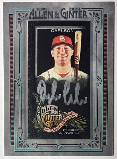Dylan Carlson Autographed 2022 Topps Allen & Ginter X Dylan Silver Framed Mini Auto Cardinals Card SP 46/50-Powers Sports Memorabilia