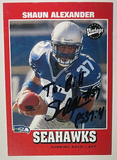 Shaun Alexander Autographed 2001 Upper Deck Vintage On Card Auto #157 To Bill/PS 37:4- COA (Seattle Seahawks)-Powers Sports Memorabilia