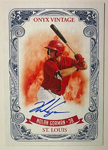 Nolan Gorman Autographed 2021 Onyx Vintage Blue On Card Rookie Auto #VANG- /325 (St. Louis Cardinals) - CTBL_042012-Powers Sports Memorabilia