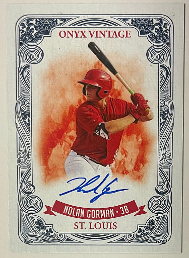 Nolan Gorman Autographed 2021 Onyx Vintage Blue On Card Rookie Auto #VANG- /325 (St. Louis Cardinals) - CTBL_042013-Powers Sports Memorabilia