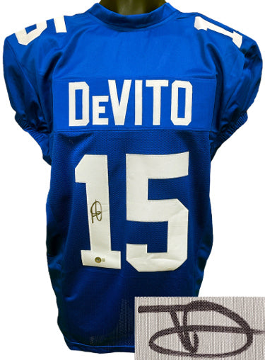 Tommy DeVito Autographed New York Blue Custom Stitched Pro Style Football Jersey- Beckett Witnessed #1W228103-Powers Sports Memorabilia
