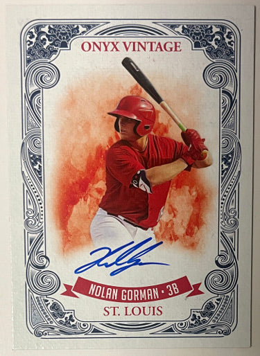 Nolan Gorman Autographed 2021 Onyx Vintage Blue On Card Rookie Auto #VANG- /325 (St. Louis Cardinals) - CTBL_042021-Powers Sports Memorabilia