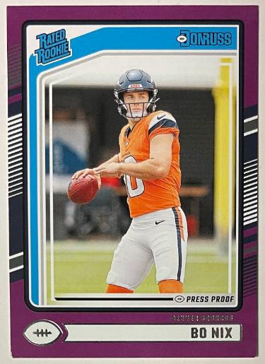Bo Nix 2024 Panini Donruss Purple Press Proof Rated Rookie Parallel Card #369 (Denver Broncos/Oregon/Auburn)-Powers Sports Memorabilia