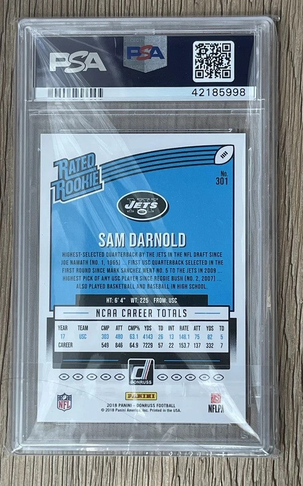 Sam Darnold 2018 Panini Donruss Football Rated Rookie Card #301 Graded PSA 10 Cert #42185998-Powers Sports Memorabilia