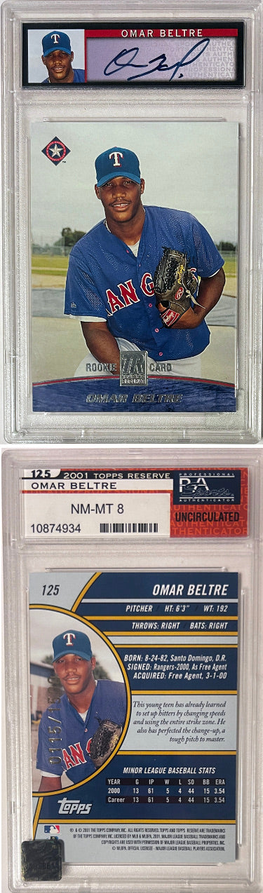 Omar Beltre Autographed 2001 Topps Reserve Auto Rookie Card #125- Uncirculated- /1500- PSA Graded 8 NM-MT (Texas Rangers)-Powers Sports Memorabilia
