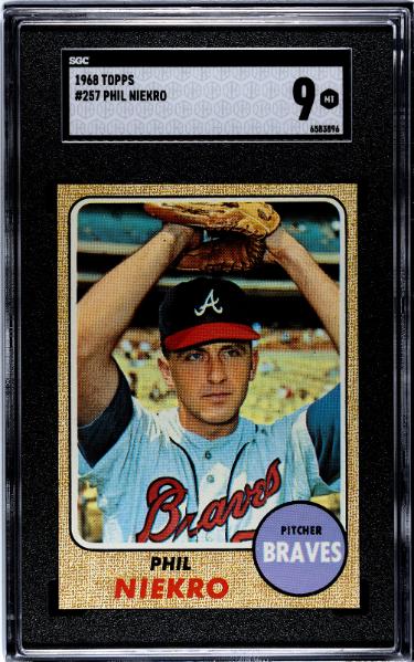 Phil Niekro 1968 Topps Card #257- SGC Graded 9 Mint (Atlanta Braves/HOF/5 X AS/No Hitter)-Powers Sports Memorabilia