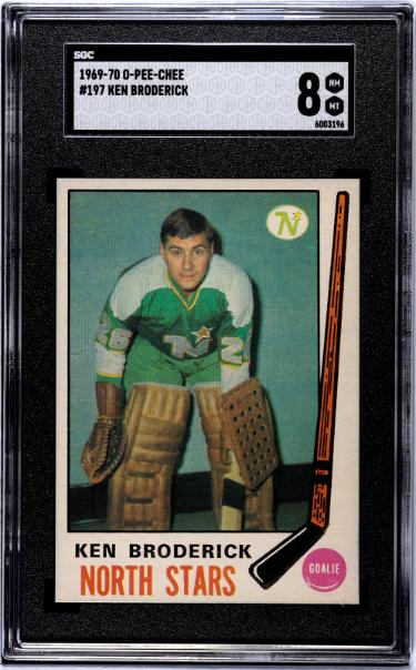 Ken Broderick 1969-70 O-Pee-Chee NHL Rookie (RC) Card #197- SGC Graded 8 NM-MT (Minnesota North Stars)-Powers Sports Memorabilia