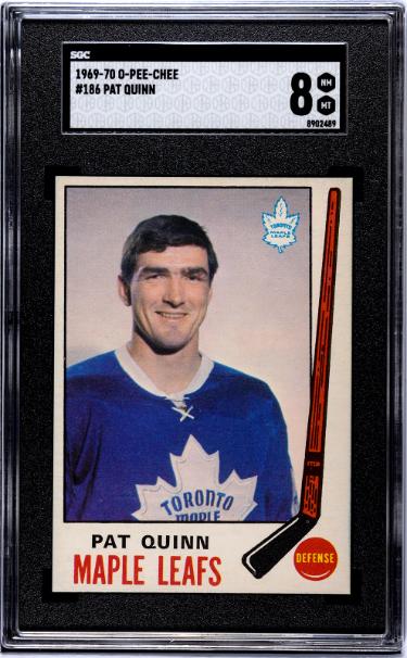 Pat Quinn 1969-70 O-Pee-Chee NHL Rookie (RC) Card #186- SGC Graded 8 NM-MT (Toronto Maple Leafs/HOF)-Powers Sports Memorabilia