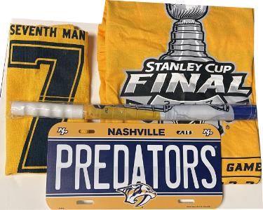 Nashville Predators Arena Giveaway Lot- 2017 Stanley Cup Final Game 3 T-Shirt/Seventh Man Towel/2006 Playoffs Flag/License Plate-Powers Sports Memorabilia