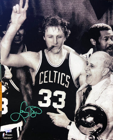 Larry Bird Autographed Boston Celtics Cigar Celebration B&W NBA Licensed 16X20 Photo- Fanatics Holo (w/NBA Trophy & Red Auerbach)-Powers Sports Memorabilia