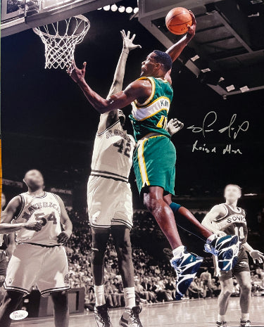 Shawn Kemp Autographed Seattle SuperSonics Spotlight 16x20 Photo w/ Reign Man- JSA Witnessed-Powers Sports Memorabilia