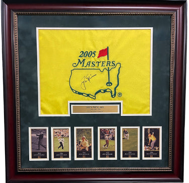 Jack Nicklaus Autographed 2005 Masters Flag Custom Framing- PSA LOA (overall size 26x26) with 6 Champions of Golf/Collection Cards-Powers Sports Memorabilia