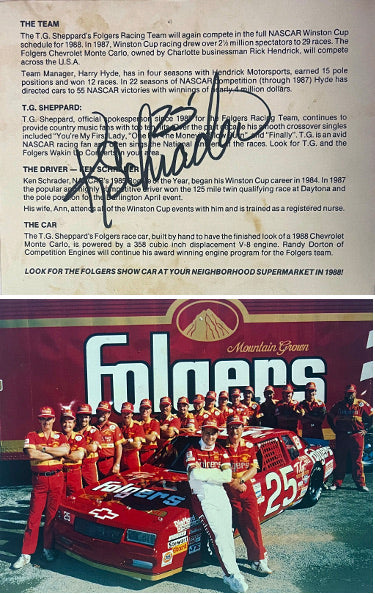 Ken Schrader Autographed NASCAR 1988 #25 Folgers 5.5x7 Photo #25 imperfect- COA (Autographed on Back)-Powers Sports Memorabilia