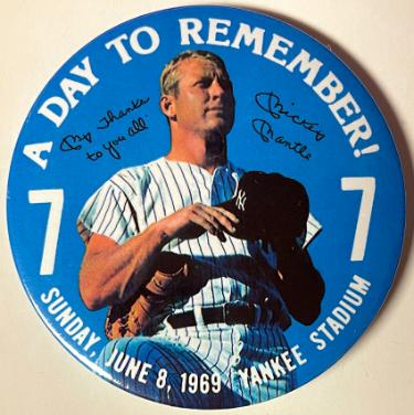 Mickey Mantle 4'' Souvenir Pin Button A Day To Remember 6/8/1969/ Yankee Stadium-Powers Sports Memorabilia