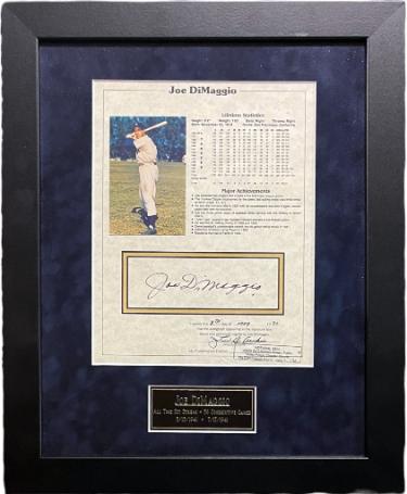 Joe DiMaggio Autographed New York Yankees Lifetime Statistic Sheet Custom Framing (13x16)- Notarized/COA-Powers Sports Memorabilia