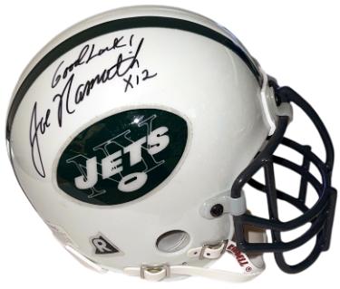 Joe Namath Autographed New York Jets Riddell TB NFL Authentic Mini Helmet Good Luck!/x12- Beckett Review-Powers Sports Memorabilia