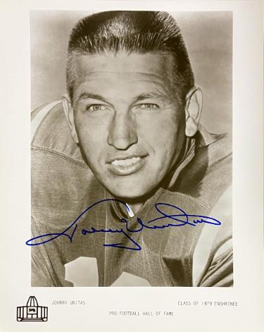 Johnny Unitas Autographed Baltimore Colts B&W HOF 8x10 Photo- Beckett Review/Tuff Stuff COA-Powers Sports Memorabilia