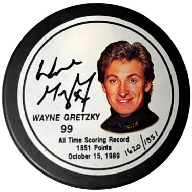 Wayne Gretzky Autographed All Time Scoring Record LE /1851 LA Kings Fotoball NHL Hockey Puck- Beckett/COA (HOF)-Powers Sports Memorabilia