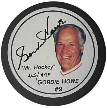 Gordie Howe Autographed Mr. Hockey #9 Logo Puck- /1946- Fotoball USA COA (HOF)-Powers Sports Memorabilia