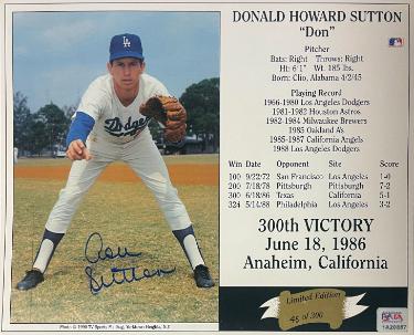 Don Sutton Autographed Los Angeles Dodgers MLB Licensed 300th Victory June 18, 1986 8x10 Photo/Card- /300- imperfect- PSA-Powers Sports Memorabilia