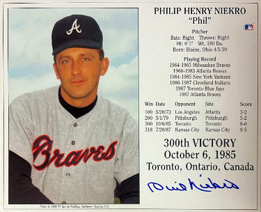 Phil Niekro Autographed Atlanta Braves MLB Licensed 300th Victory October 6, 1985 8x10 Photo/Card- Tuff Stuff COA-Powers Sports Memorabilia