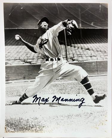 Max Manning Autographed Newark Eagles Negro League Vintage B&W 8x10 Photo imperfect- COA/CSA Show Ticket/Photo-Powers Sports Memorabilia