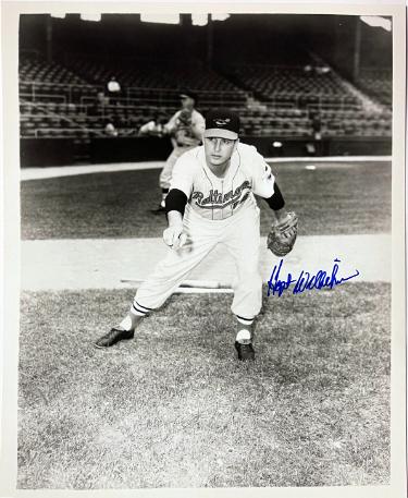 Hoyt Wilhelm Autographed Baltimore Orioles Vintage B&W 8x10 Photo imperfect- COA (HOF)-Powers Sports Memorabilia