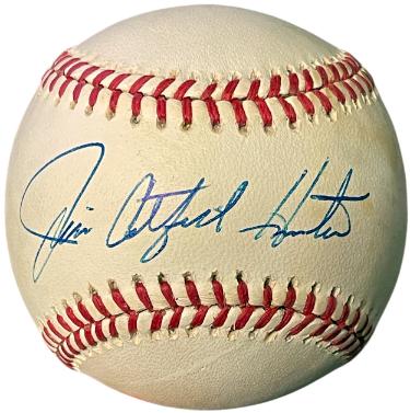 Jim "Catfish" Hunter Autographed ROAL Rawlings Official American League Baseball imperfect- Beckett Review (Oakland A's)-Powers Sports Memorabilia
