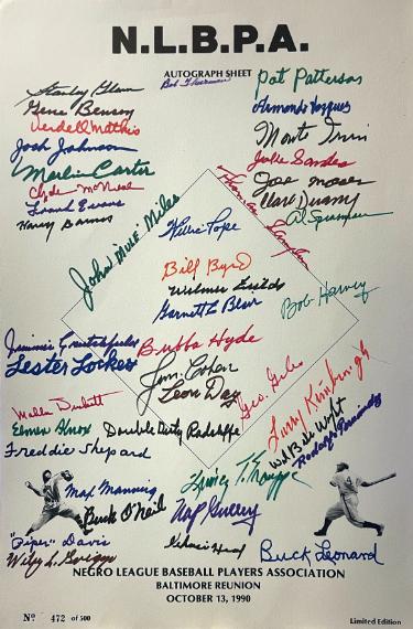 Negro League (N.L.B.P.A) Autographed 1990 Reunion 11x17 Poster Sheet 44 Sigs- Beckett O?ÇÖNeil, Leonard, Radcliff, Fields, Day, Irvin,-Powers Sports Memorabilia