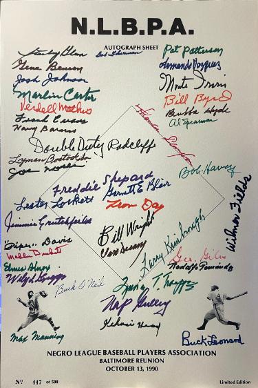 Negro League (N.L.B.P.A) Autographed 1990 Reunion 11x17 Poster Sheet 40 Sigs- Beckett Buck O?ÇÖNeil, Leonard, Radcliff, Fields, Day-Powers Sports Memorabilia