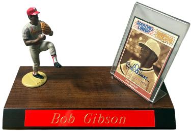 Bob Gibson Autographed 1989 Kenner Starting Lineup Baseball Greats Cardinals Trading Card/SLU Figure/Display/Wood Base/Nameplate-COA-Powers Sports Memorabilia