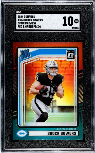 Brock Bowers 2024 Donruss Optic Preview Red & Green Prizm Rookie Card (RC) #394- SGC Graded 10 Gem Mint (Las Vegas Raiders)-Powers Sports Memorabilia