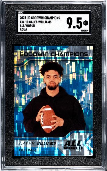 Caleb Williams 2023 Upper Deck Goodwin Champions All World Aqua Rookie Card (RC) #AW-10- SGC Graded 9.5 Mint+ (Chicago Bears)-Powers Sports Memorabilia