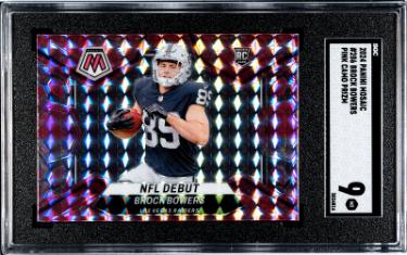Brock Bowers 2024 Panini Mosaic Pink Camo Prizm Rookie Card (RC) #286- SGC Graded 9 Mint (Las Vegas Raiders)-Powers Sports Memorabilia