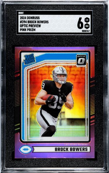 Brock Bowers 2024 Donruss Optic Preview Pink Prizm Rookie Card (RC) #394- SGC Grades 6 EX-NM (Las Vegas Raiders)-Powers Sports Memorabilia