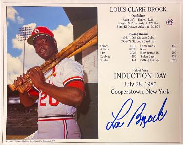 Lou Brock Autographed St. Louis Cardinals Hall of Fame Induction 8x10 Photo/Card- COA-Powers Sports Memorabilia