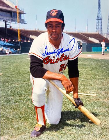 Frank Robinson Autographed Baltimore Orioles MLB Licensed 8x10 Photo imperfect- COA (HOF/Triple Crown)-Powers Sports Memorabilia