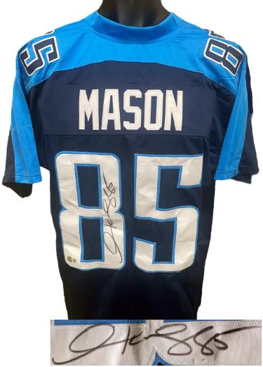 Derrick Mason Autographed Tennessee TB Navy Custom Stitched Pro Style Football Jersey #85 XL- Beckett Witnessed-Powers Sports Memorabilia