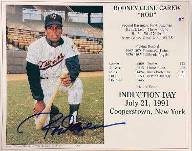 Rod Carew Autographed Minnesota Twins MLB Licensed Hall of Fame Induction Day 8x10 Photo/Card minor ding- COA-Powers Sports Memorabilia