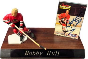 Bobby Hull Autographed 1995 Kenner Starting Lineup Timeless Legends Red Wings Card/SLU Figure/Display/Wood Base- COA-Powers Sports Memorabilia