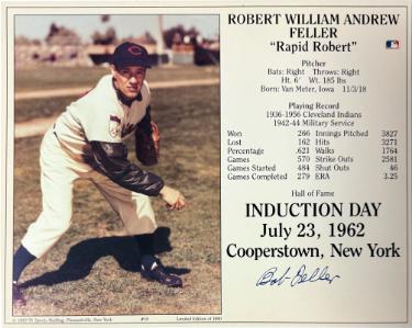 Bob Feller Autographed Cleveland MLB Licensed Hall of Fame Induction Day 8x10 Photo/Card- COA (HOF)-Powers Sports Memorabilia