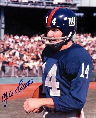 YA (Y.A.) Tittle Autographed New York Giants Color 8x10 Photo imperfect- COA/CSA Show Ticket (HOF)-Powers Sports Memorabilia