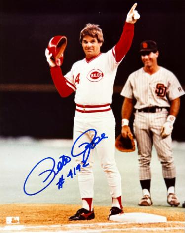 Pete Rose Autographed this Cincinnati Reds Record Breaker MLB Licensed 8x10 Photo #4192 minor dings- COA/Show Ticket (HIT KING/4256)-Powers Sports Memorabilia