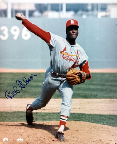 Bob Gibson Autographed St. Louis Cardinals 8x10 Photo minor dings- COA/Show Ticket (HOF)-Powers Sports Memorabilia