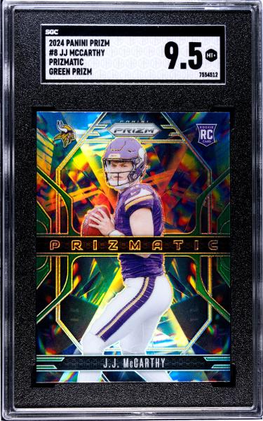 JJ (J.J) McCarthy 2024 Prizmatic Green Prizm Rookie Card (RC) #8- SGC Graded 9.5 Mint+ (Minnesota Vikings)-Powers Sports Memorabilia