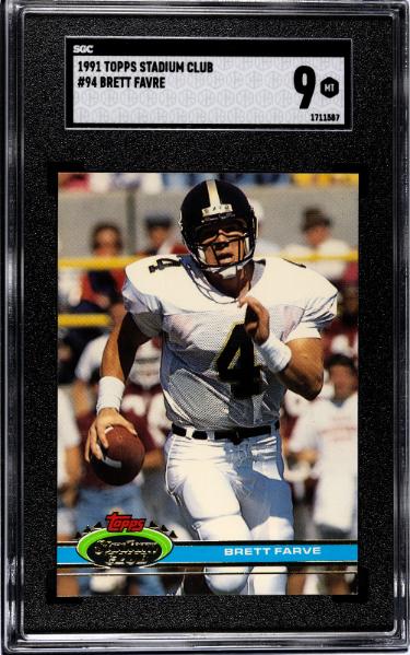 Brett Favre 1991 Topps Stadium Club Rookie Card (RC) #94- SGC Graded 9 Mint (Southern Miss/Packers/HOF)-Powers Sports Memorabilia