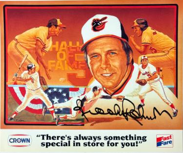 Brooks Robinson Autographed Baltimore Orioles Crown Fast Fare 8x10 Photo Dings- COA (HOF)-Powers Sports Memorabilia